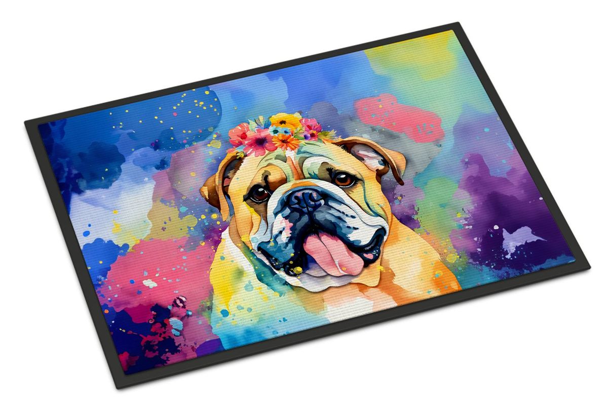 English Bulldog Hippie Dawg Doormat Front Door Mat Indoor Outdoor Rugs For Entryway, Non Slip Washable Low Pile, 24H X 36W_maomaolike.com