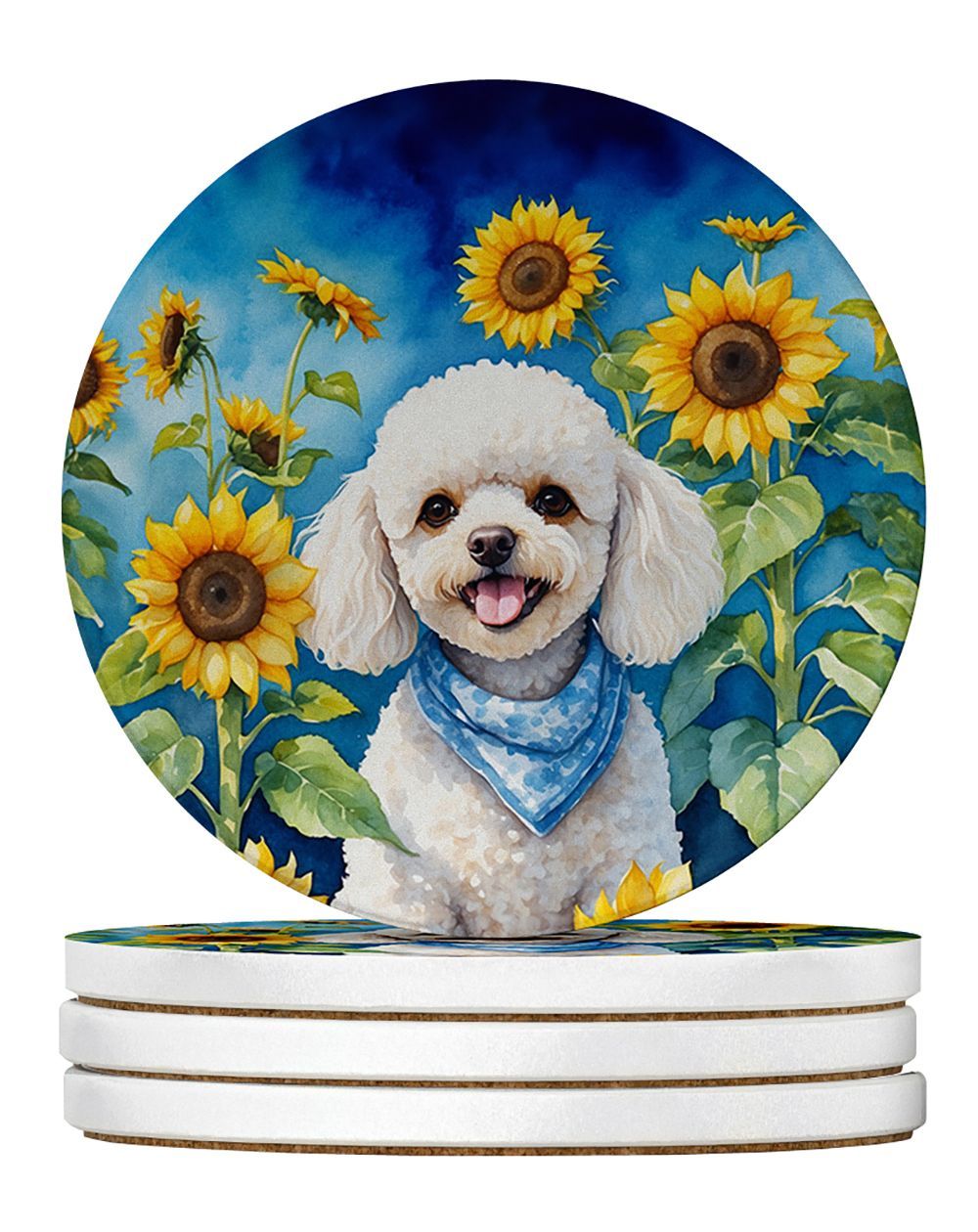 White Poodle In Sunflowers Large Sandstone Coasters Pack Of 4 Absorbent Round Coasters Decor Gifts For Men Or Women, 4 In, Multicolor_maomaolike.com