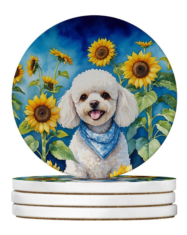 White Poodle In Sunflowers Large Sandstone Coasters Pack Of 4 Absorbent Round Coasters Decor Gifts For Men Or Women, 4 In, Multicolor_maomaolike.com
