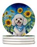 White Poodle In Sunflowers Large Sandstone Coasters Pack Of 4 Absorbent Round Coasters Decor Gifts For Men Or Women, 4 In, Multicolor_maomaolike.com