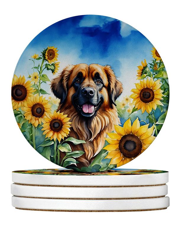 Leonberger In Sunflowers Large Sandstone Coasters Pack Of 4 Absorbent Round Coasters Decor Gifts For Men Or Women, 4 In, Multicolor_maomaolike.com