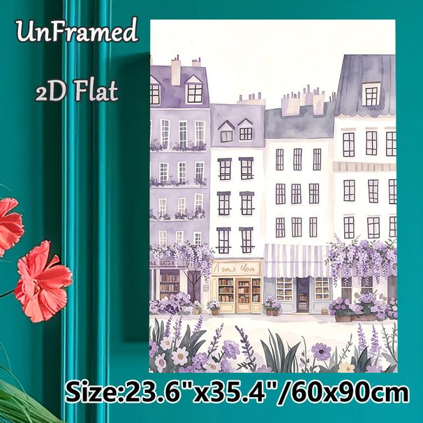 European Town Bookstore Scene Painting Poster, Soft Watercolor Pastel Purple Street Buildings & Florals Poster, Warm Tranquil Decor Ideal For Living_maomaolike.com