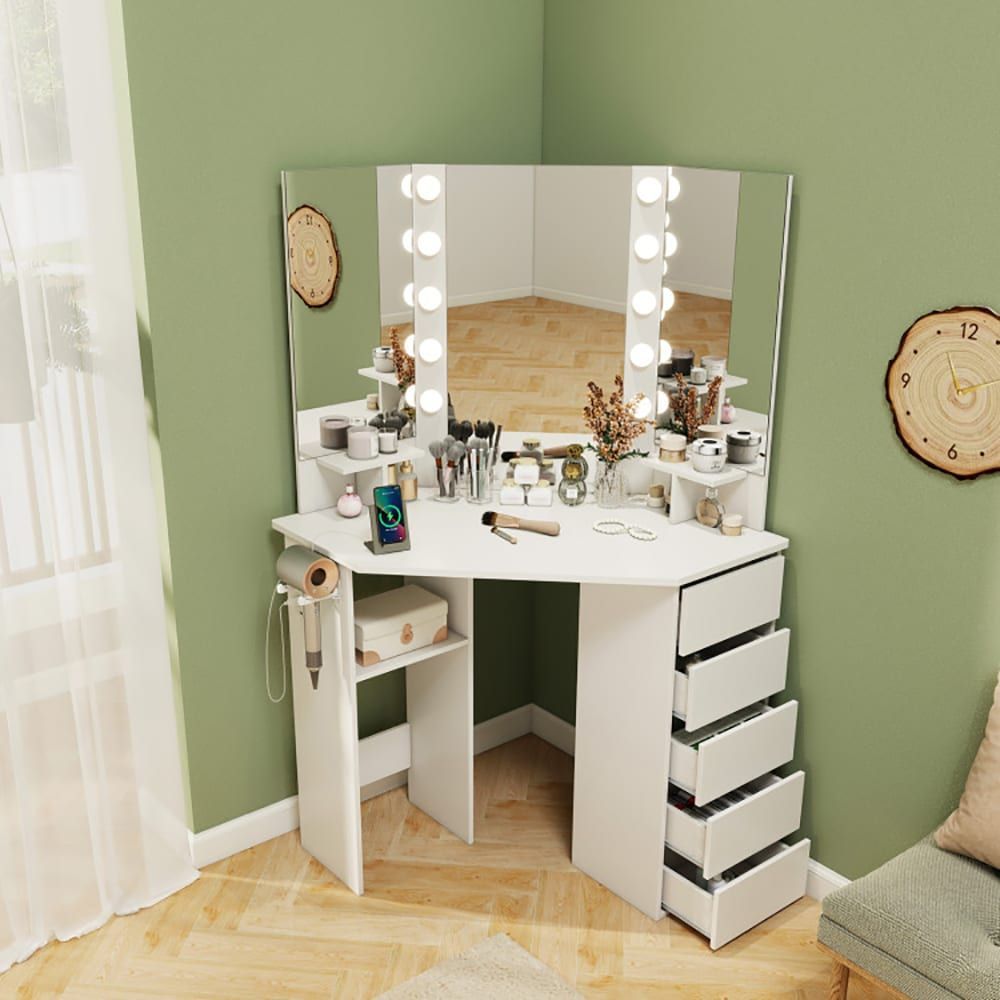 Corner Vanity Desk With 3-Color LED Lighted Mirror And Power Outlet_maomaolike.com