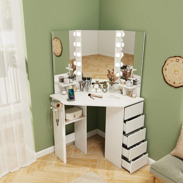 Corner Vanity Desk With 3-Color LED Lighted Mirror And Power Outlet_maomaolike.com