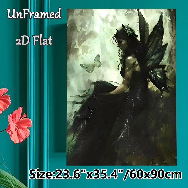 Dark Forest Fairy Painting Poster, Mysterious Misty Dark-toned Poster, Ethereal Winged Fairy With Butterfly Design, Ideal For Adding A Whimsical Touch_maomaolike.com