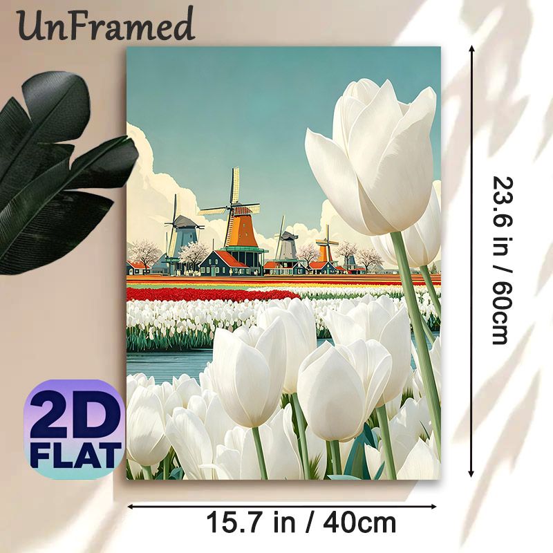 Dutch Windmill & Tulip Themed Painting Poster, Vibrant Stylized Pastoral Scene Poster, Serene Countryside View With Blooming Tulip Fields, Ideal For_maomaolike.com