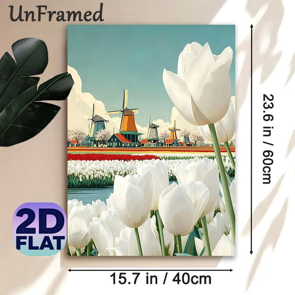 Dutch Windmill & Tulip Themed Painting Poster, Vibrant Stylized Pastoral Scene Poster, Serene Countryside View With Blooming Tulip Fields, Ideal For_maomaolike.com