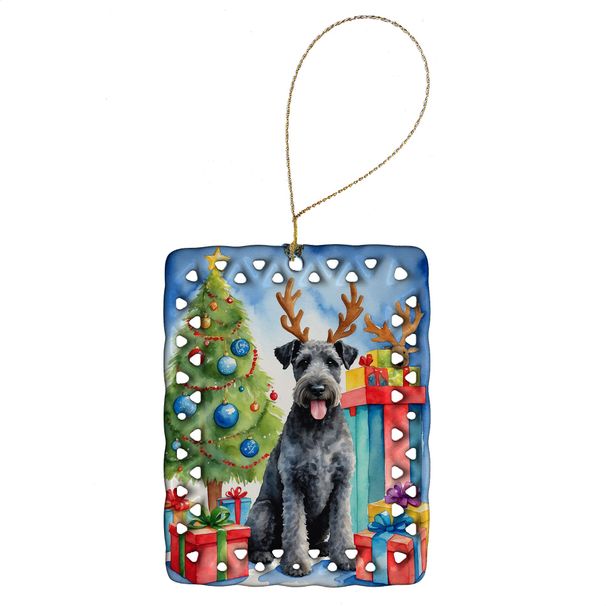 Kerry Blue Terrier Christmas Reindeer Porcelain Ornament Christmas Tree Hanging Decorations For Home Christmas Holiday, Rectangle, Gift, Multicolor_maomaolike.com