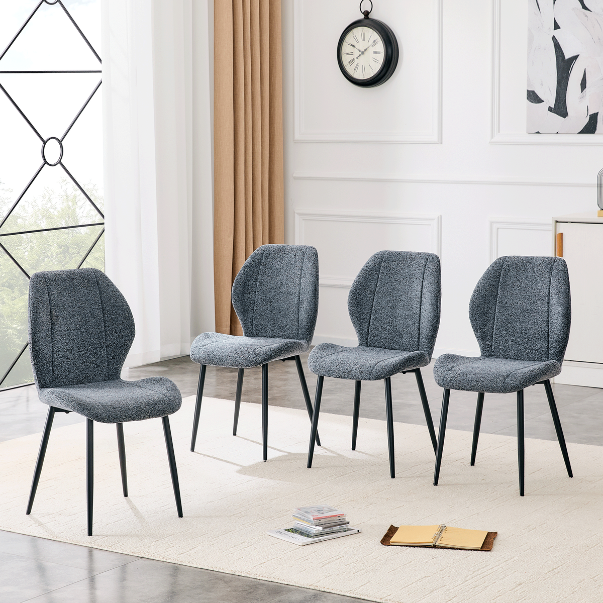 4-pack Of Modern Minimalist Dining Chairs In Smog Blue Fabric, Featuring Spacious And Comfortable Cushions.Black Metal Legs And Adjustable Feet, Suitable For Dining Room, Study & Office ,etc._maomaolike.com