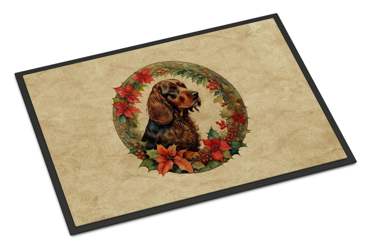 Field Spaniel Christmas Flowers Doormat Front Door Mat Indoor Outdoor Rugs For Entryway, Non Slip Washable Low Pile, 24H X 36W_maomaolike.com