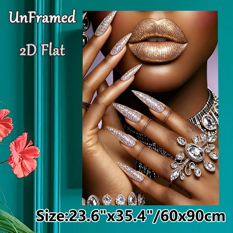 Glittery Glamour Painting Poster, Luxurious Sparkly Lips & Glitter Stiletto Nails With Diamond Jewelry Poster, Eye-catching Glamorous Decor Ideal For_maomaolike.com