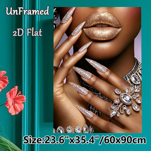 Glittery Glamour Painting Poster, Luxurious Sparkly Lips & Glitter Stiletto Nails With Diamond Jewelry Poster, Eye-catching Glamorous Decor Ideal For_maomaolike.com