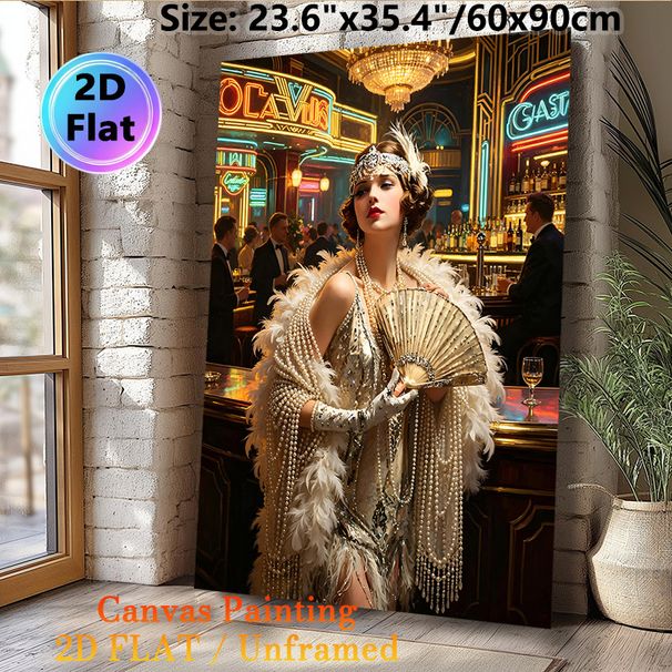 Roaring 20s Flapper Girl Painting Poster, Lavish Art Deco Style Poster, Glamorous Flapper With Pearls & Feather Shawl In Bustling Neon Bar, Elegant_maomaolike.com