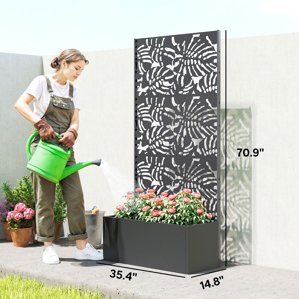 Metal Planter Box With Trellis, 71" Tall Raised Garden Bed With Privacy Screen And Drainage Holes, Banana-Leaf Cut-Outs_maomaolike.com