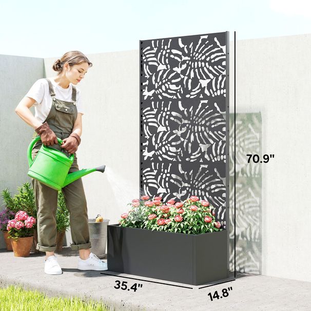 Metal Planter Box With Trellis, 71" Tall Raised Garden Bed With Privacy Screen And Drainage Holes, Banana-Leaf Cut-Outs_maomaolike.com