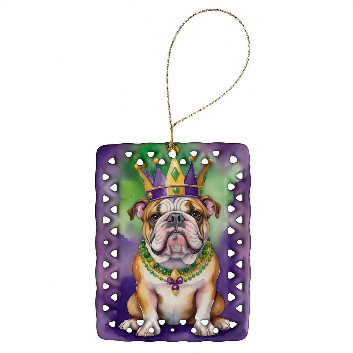 English Bulldog King Of Mardi Gras Porcelain Ornament Christmas Tree Hanging Decorations For Home Christmas Holiday, Rectangle, Gift, Multicolor_maomaolike.com