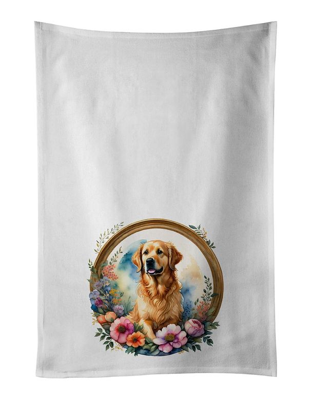 Golden Retriever And Flowers Kitchen Towel Set Of 2 White Dish Towels Decorative Bathroom Hand Towel For Hand, Face, Hair, Yoga, Tea, Dishcloth, 19 X 28", White_maomaolike.com