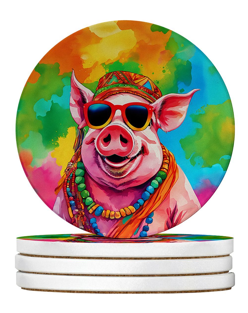 Hippie Animal Pig Large Sandstone Coasters Pack Of 4 Absorbent Round Coasters Decor Gifts For Men Or Women, 4 In, Multicolor_maomaolike.com
