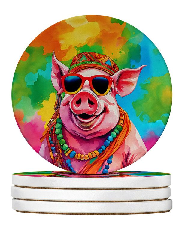 Hippie Animal Pig Large Sandstone Coasters Pack Of 4 Absorbent Round Coasters Decor Gifts For Men Or Women, 4 In, Multicolor_maomaolike.com