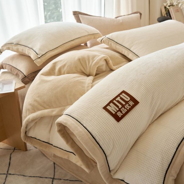Maternity Grade Milk Duvet Cover Thickened Warm Double-Sided Velvet Single And Double Winter Bedding Solid Color Waffle Four-Piece_maomaolike.com