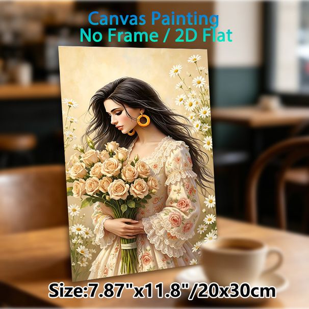 Lady With Roses Painting Poster, Soft-toned Romantic Art Poster, Gentle Lady Holding Blush Roses Surrounded By Daisies, Delicate Elegant Decor Piece_maomaolike.com