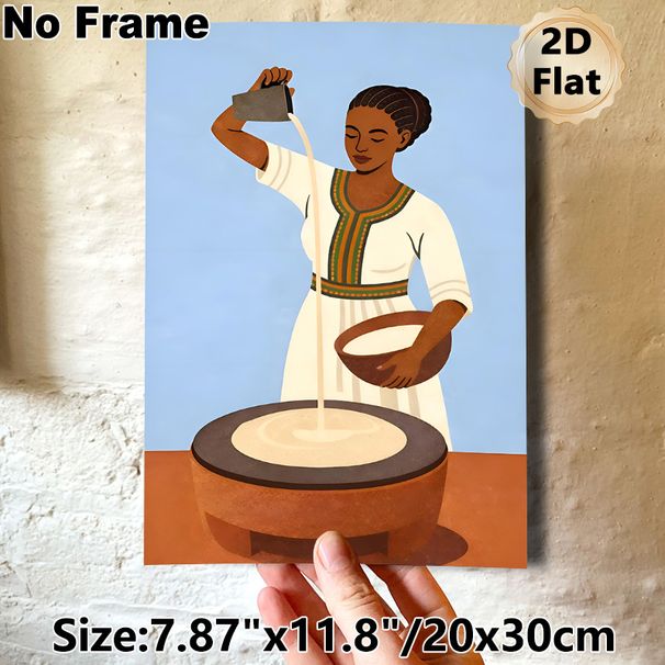 Ethnic Woman Making Traditional Food Painting Poster, Warm-toned Flat Illustration Poster, Cultural Art Decor Suitable For Home And Dining Room_maomaolike.com