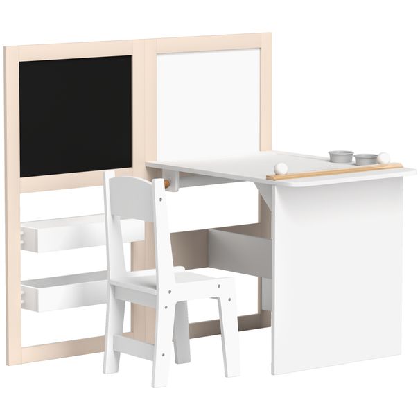 3 In 1 Kids Table And Chair Set With Storage, Whiteboard, Blackboard & Roll Paper For 3-8 Years, White_maomaolike.com