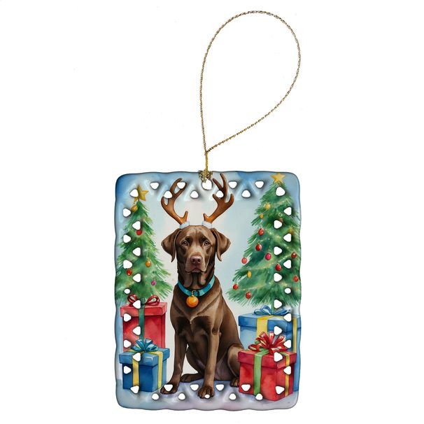 Chocolate Labrador Retriever Christmas Reindeer Porcelain Ornament Christmas Tree Hanging Decorations For Home Christmas Holiday, Rectangle, Gift, Multicolor_maomaolike.com