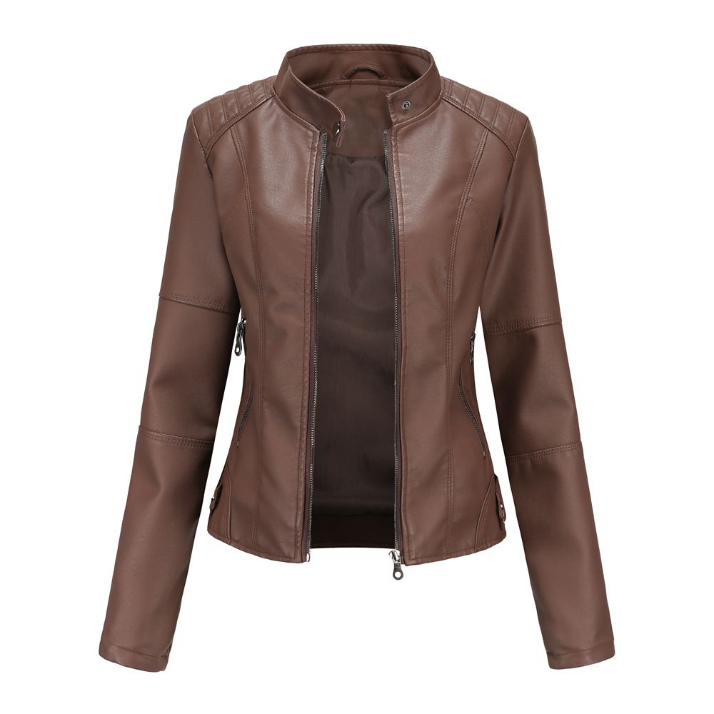 women's leather jacket women's slim-fit jacket thin section spring and autumn coat ladies motorcycle suit large size stand-up collar leather jacket_maomaolike.com