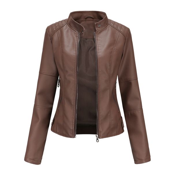 women's leather jacket women's slim-fit jacket thin section spring and autumn coat ladies motorcycle suit large size stand-up collar leather jacket_maomaolike.com