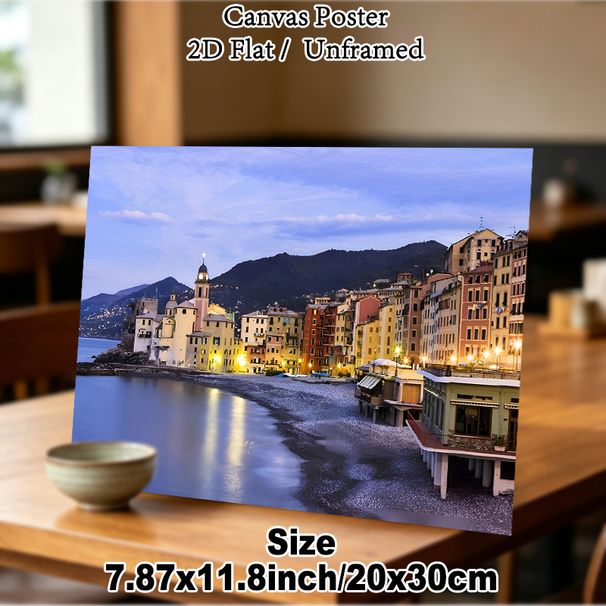 Coastal Town Painting Poster, Serene Warm-lit Mediterranean Seaside Town Scene Poster, Tranquil Waterfront View Brings Cozy Ambiance, Ideal For Living_maomaolike.com