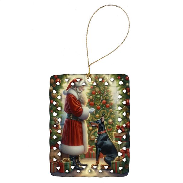 Doberman Pinscher And Santa Claus Porcelain Ornament Christmas Tree Hanging Decorations For Home Christmas Holiday, Rectangle, Gift, Multicolor_maomaolike.com