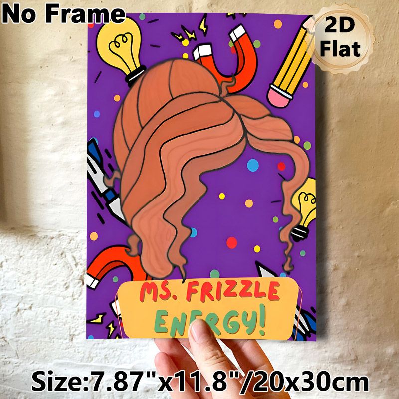 Ms. Frizzle Energy Themed Painting Poster, Vibrant Cartoon-style Educational Art Poster, Lively Design With Stationery & Science Motifs, Suitable For_maomaolike.com
