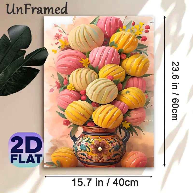 Pastel Pumpkin Bouquet Painting Poster, Soft-toned Watercolor Style Poster, Vibrant Striped Pumpkins In Ornate Floral Vase, Warm Cozy Decor For Living_maomaolike.com