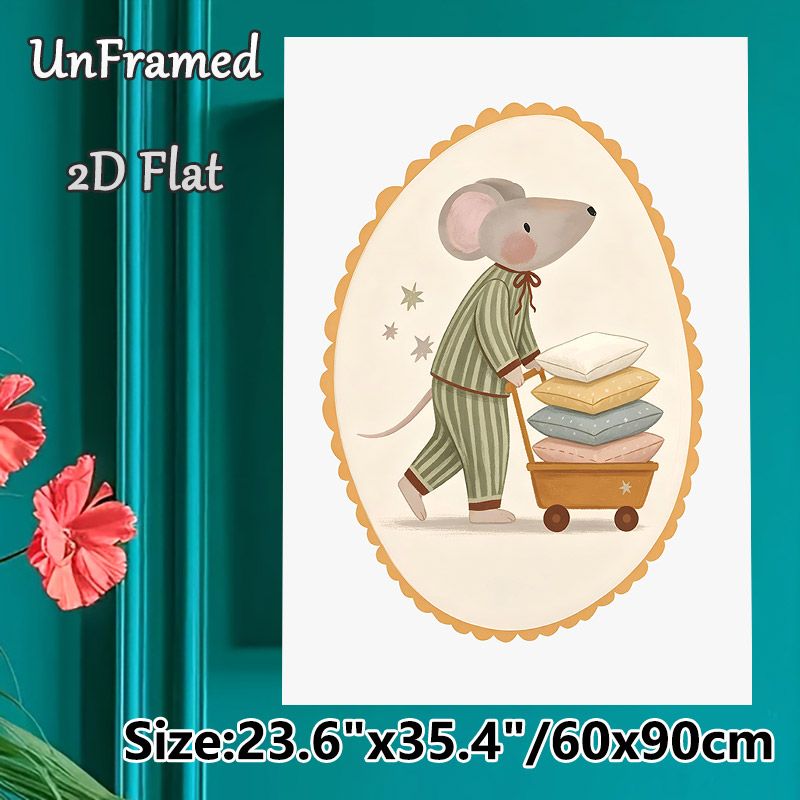 Sleepy Mouse Painting Poster, Warm-toned Whimsical Poster, Soft Cozy Design Featuring Mouse In Striped Pajamas Pushing Pillow Cart, Ideal For Bedroom_maomaolike.com