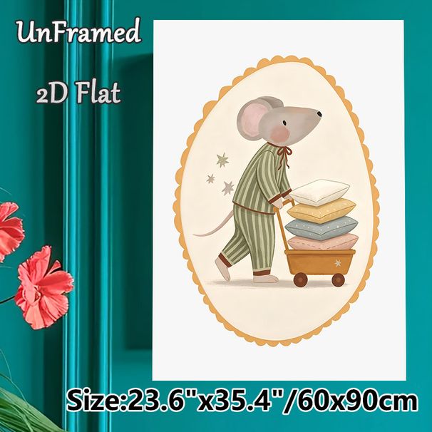 Sleepy Mouse Painting Poster, Warm-toned Whimsical Poster, Soft Cozy Design Featuring Mouse In Striped Pajamas Pushing Pillow Cart, Ideal For Bedroom_maomaolike.com