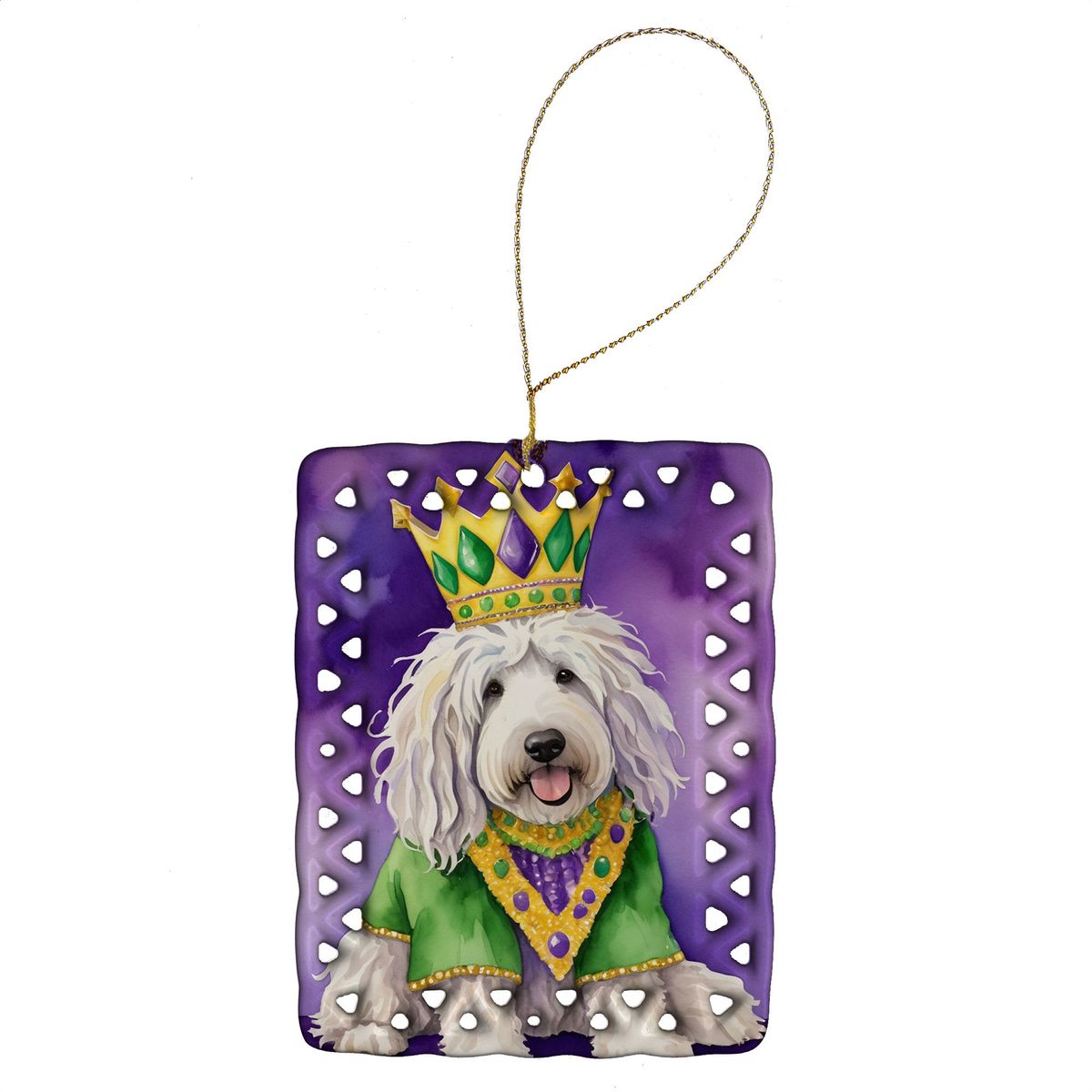 Komondor King Of Mardi Gras Porcelain Ornament Christmas Tree Hanging Decorations For Home Christmas Holiday, Rectangle, Gift, Multicolor_maomaolike.com