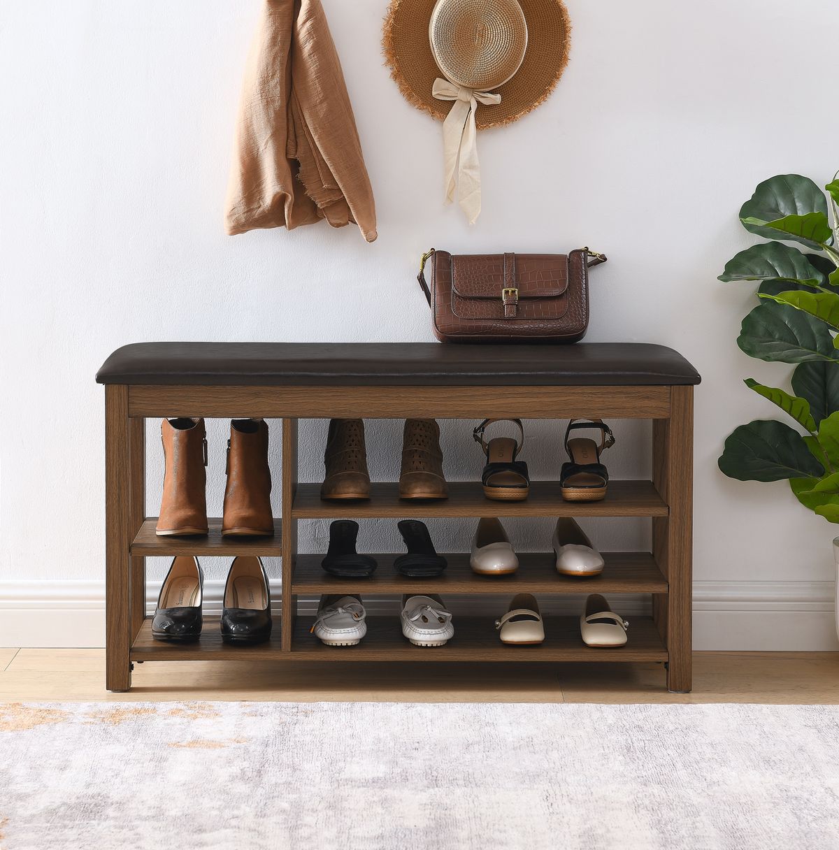 A Height-adjustable Long Shoe-changing Bench,made Of Natural Rubberwood,comes With A Comfortable Seat,concealed Storage Space And Large Storage Compartments. Features Natural Wood Grain.Brown_maomaolike.com
