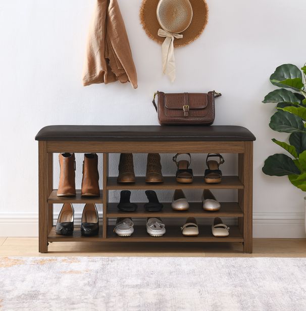 A Height-adjustable Long Shoe-changing Bench,made Of Natural Rubberwood,comes With A Comfortable Seat,concealed Storage Space And Large Storage Compartments. Features Natural Wood Grain.Brown_maomaolike.com