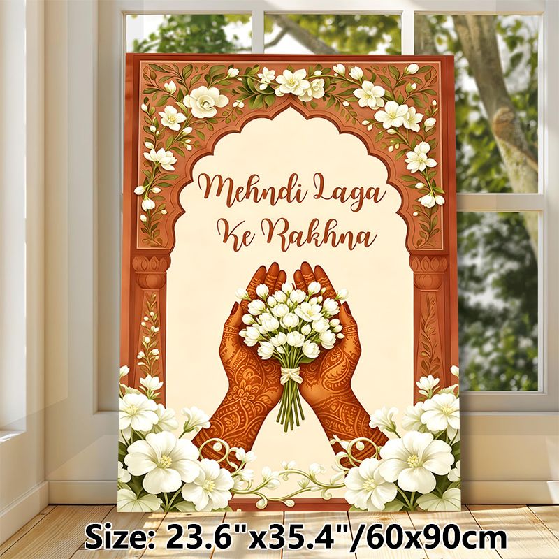 Mehndi Themed Painting Poster, Exquisite Traditional Indian Style Poster, Henna-decorated Hands Holding Jasmine Blooms With Ornate Arched Floral_maomaolike.com