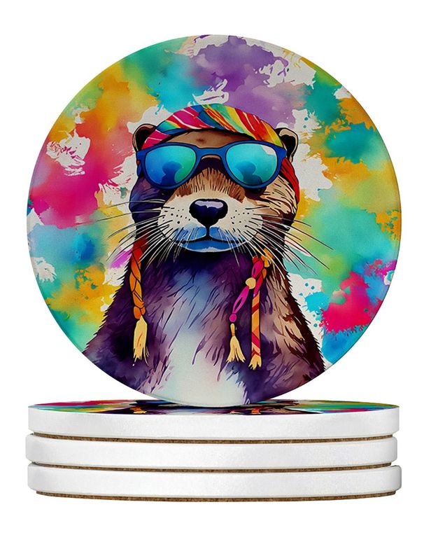 Hippie Animal Otter Large Sandstone Coasters Pack Of 4 Absorbent Round Coasters Decor Gifts For Men Or Women, 4 In, Multicolor_maomaolike.com