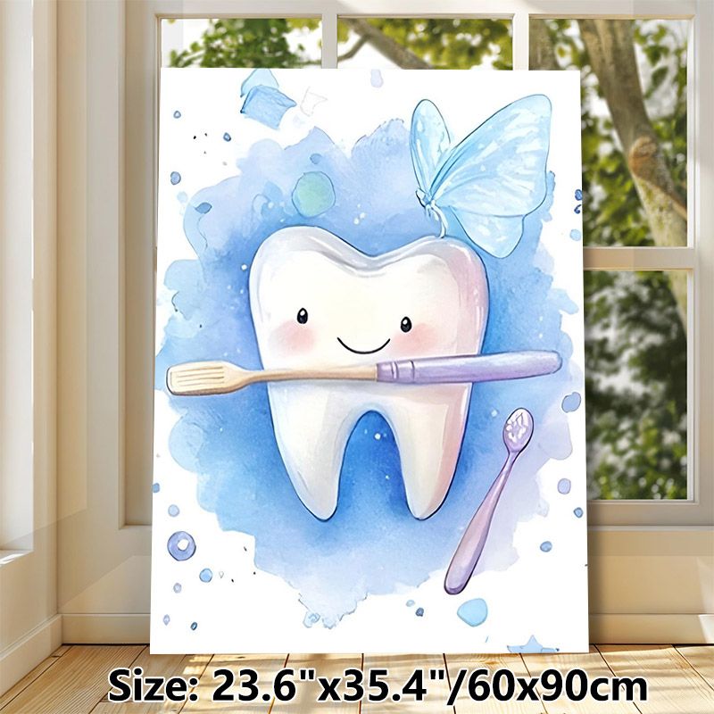 Tooth Fairy Themed Painting Poster, Gentle Watercolor Cute Smiling Tooth With Toothbrush & Butterfly Poster, Cheerful Dental Decor Ideal For Dental_maomaolike.com