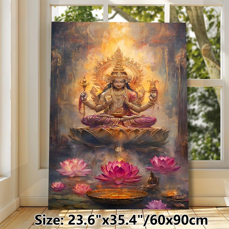 Vishnu Themed Painting Poster, Gilded Serene Oil Painting Style Poster, Four-armed Deity On Lotus With Warm Glowing Aura And Pink Lotus Blooms, Brings_maomaolike.com