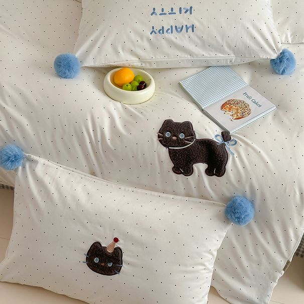 Wholesale INS Girl Heart Cartoon Polka Dot Black Cat Towel Embroidered Washed Four-Piece All 4-Piece Set Pure Cotton Bedding_maomaolike.com