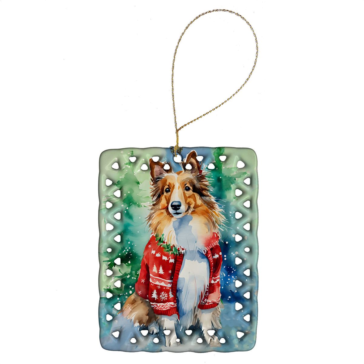 Sheltie Christmas Porcelain Ornament Christmas Tree Hanging Decorations For Home Christmas Holiday, Rectangle, Gift, Multicolor_maomaolike.com