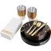 175-Piece Elegant Marble-Look Plastic Dinnerware Set With Gold Trim - Includes Black/White Plates, 10/12 Cutlery, 9oz_maomaolike.com