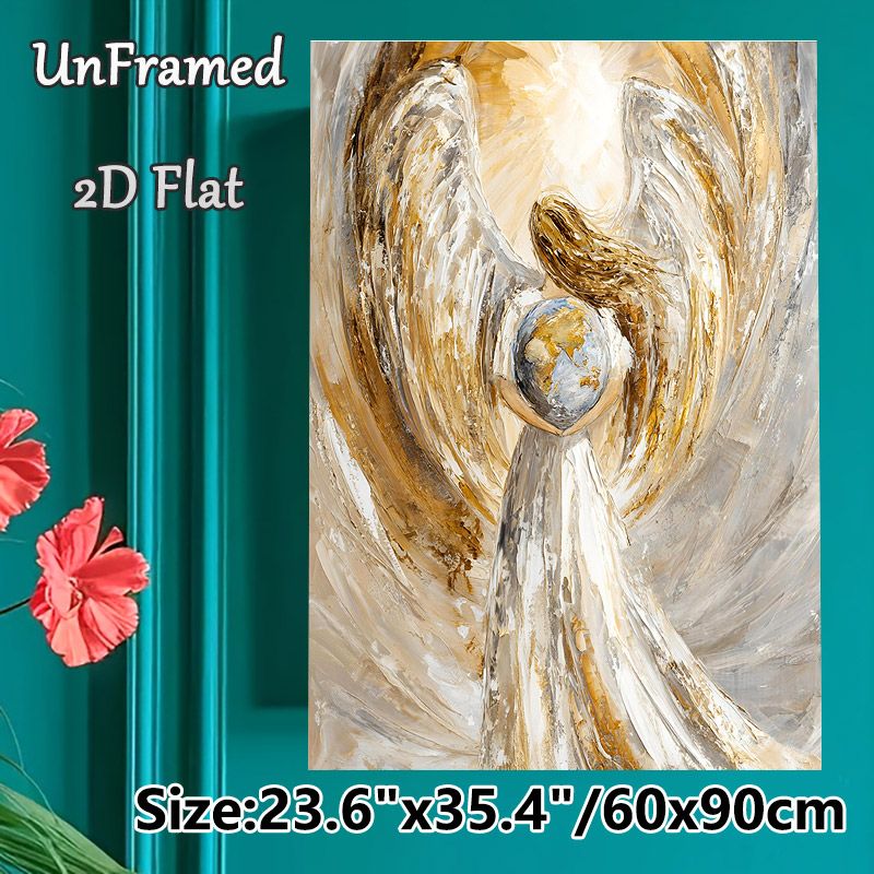 Angel Holding Earth Painting Poster, Textured Palette Knife Style Poster, Serene Warm-toned Spiritual Artwork, Suitable For Living Room, Bedroom Or_maomaolike.com