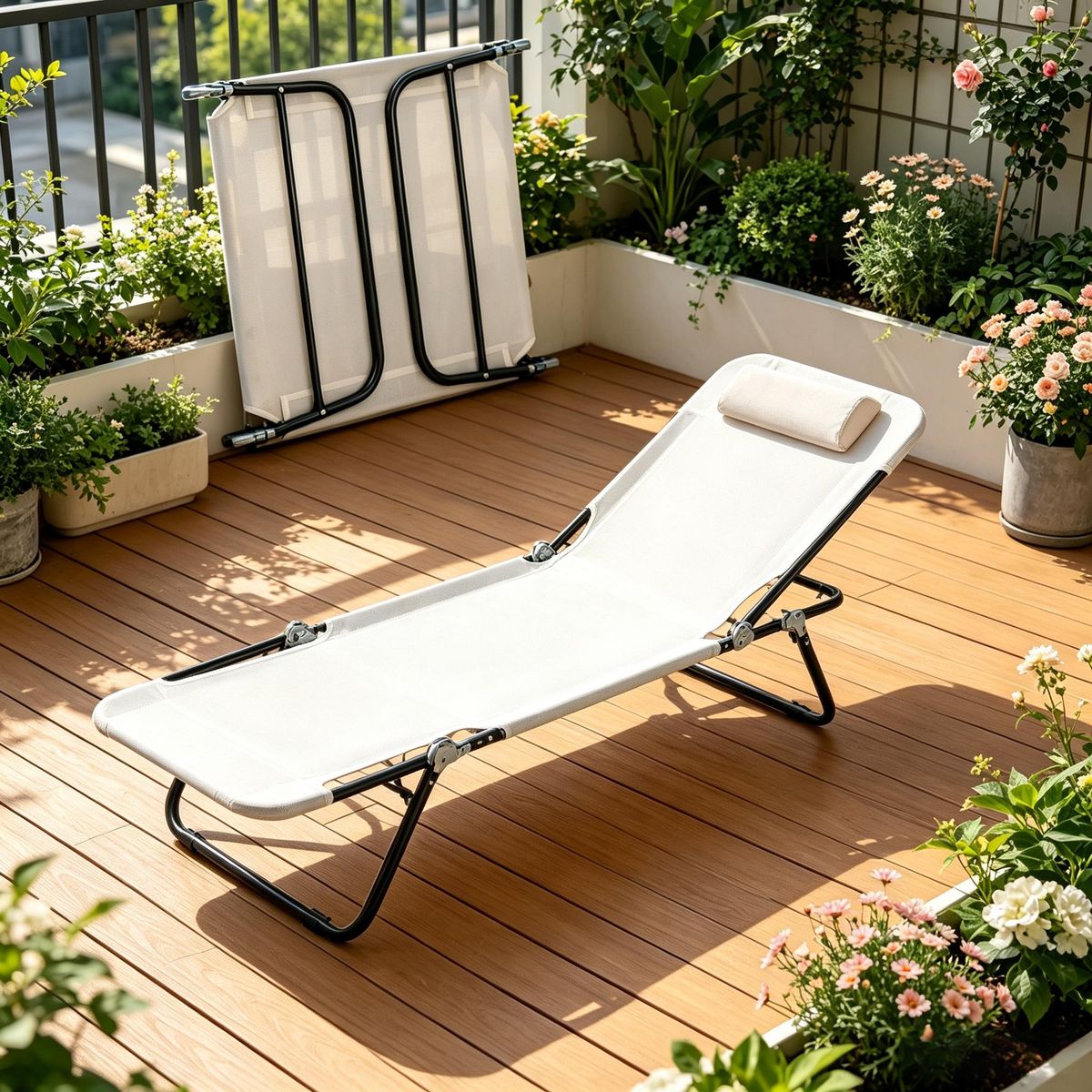 Cream White Folding Chaise Lounge Chair, Pool Sun Tanning Chair, Outdoor Lounge Chair With Reclining Back, Breathable Mesh Seat, Headrest_maomaolike.com