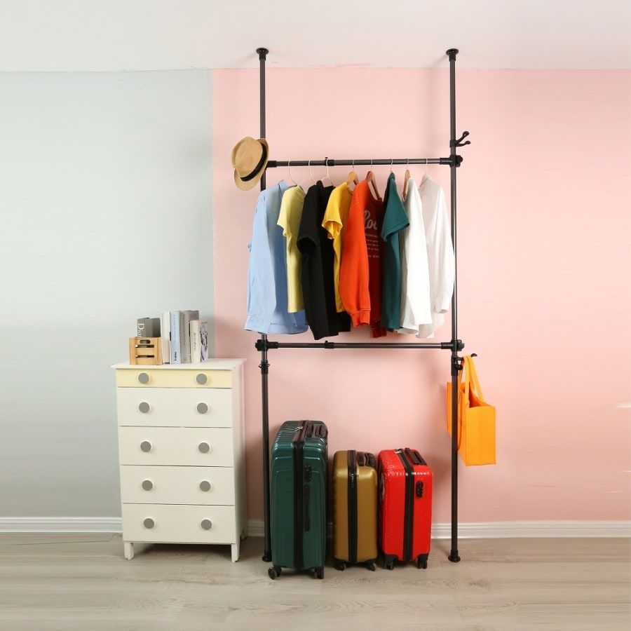 Telescopic Garment Rack, Heavy Duty Design Movable DIY By Hand No Damage To Wall Ceiling Hanging Rail, 31-47in Wide Adjustable, 120 Kilogram Loading, Reach Hook Included,Black_maomaolike.com