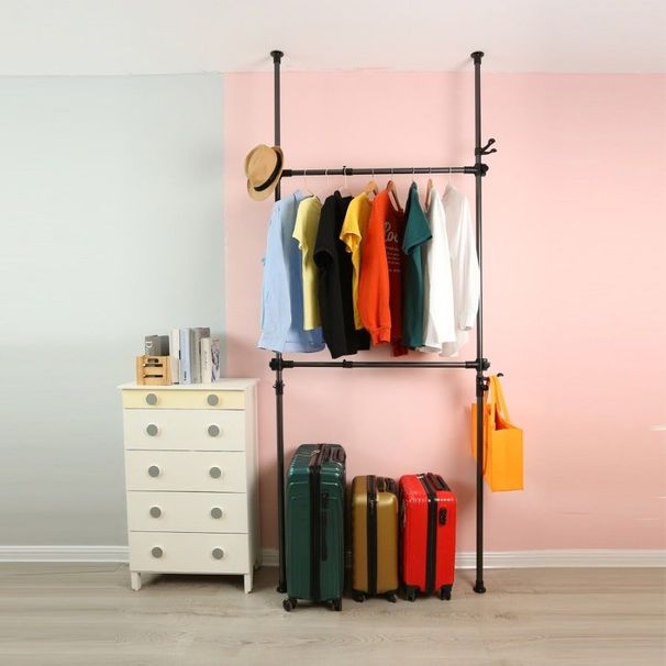 Telescopic Garment Rack, Heavy Duty Design Movable DIY By Hand No Damage To Wall Ceiling Hanging Rail, 31-47in Wide Adjustable, 120 Kilogram Loading, Reach Hook Included,Black_maomaolike.com